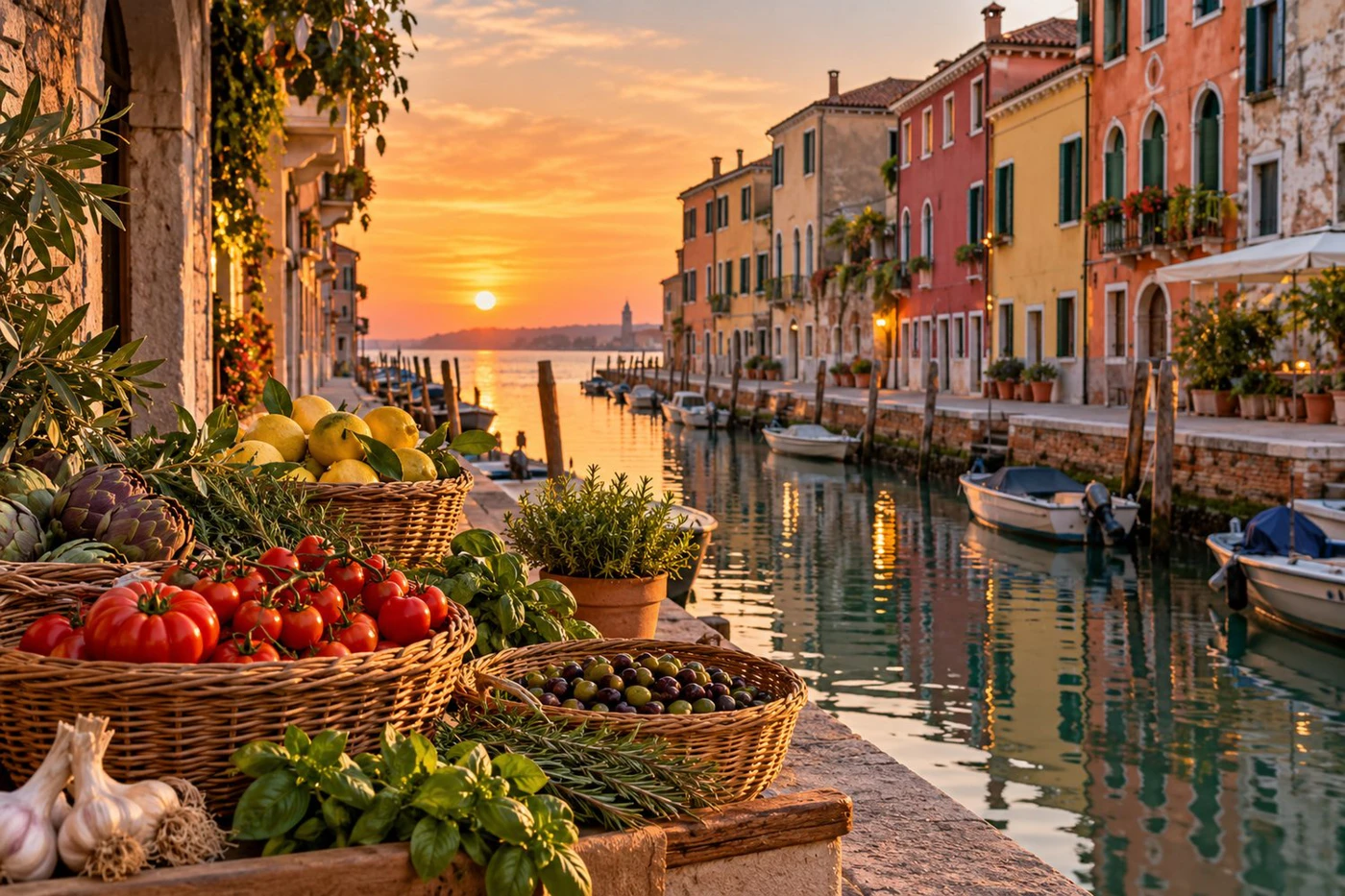 Italské tržní suroviny u kanálu v Caorle