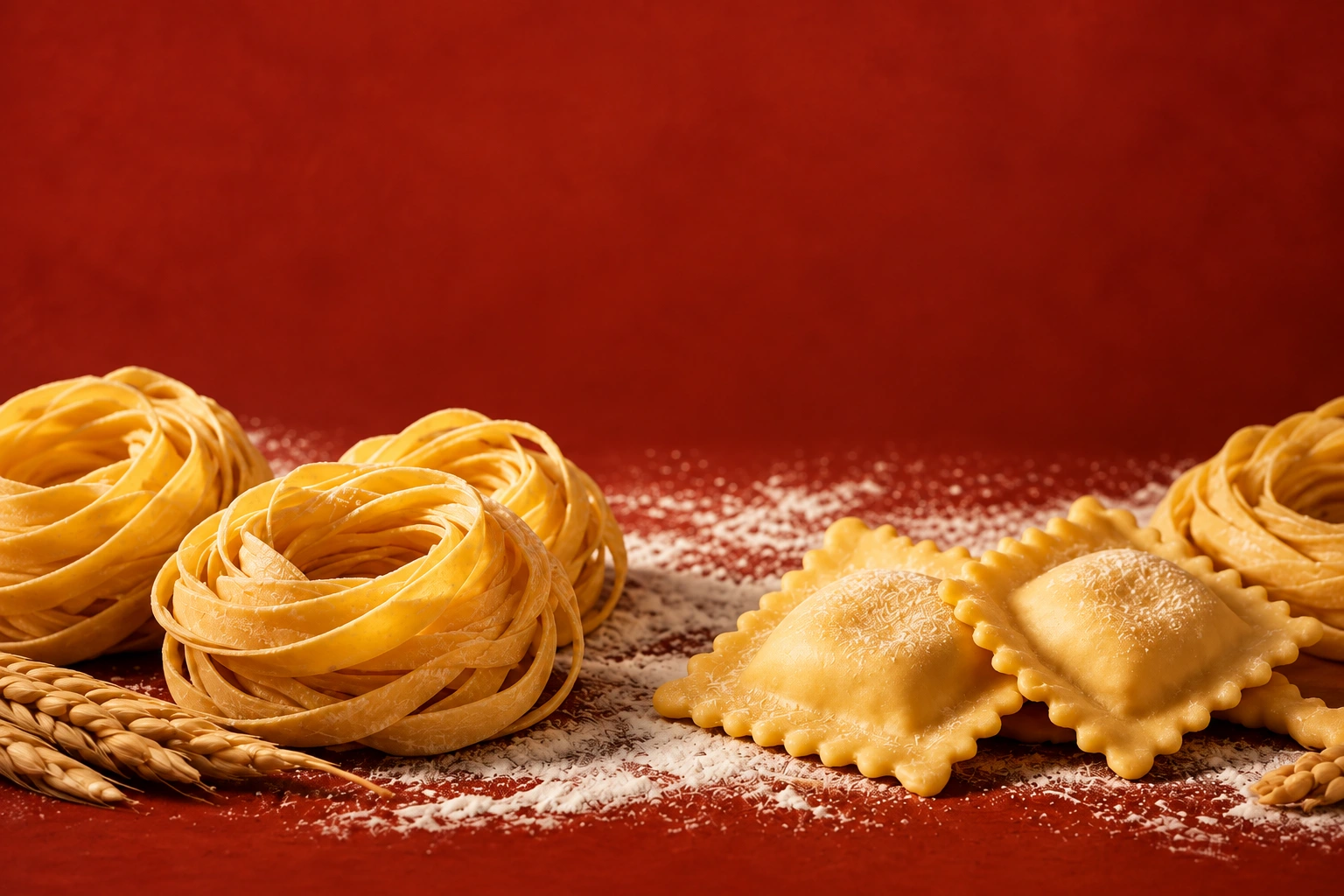Hnízda čerstvých těstovin a plněné ravioli na plynulém teplém červeném pozadí