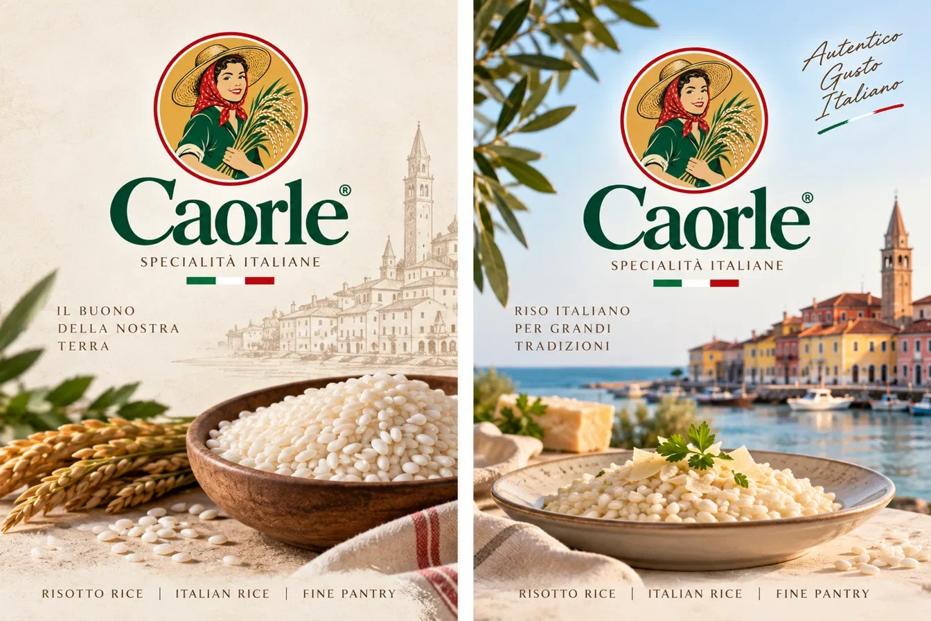 Koncepční ilustrace italské rýže a rizota Caorle